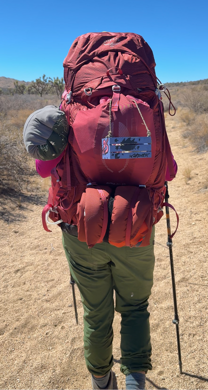Person with a large red backpack in a desert landscape